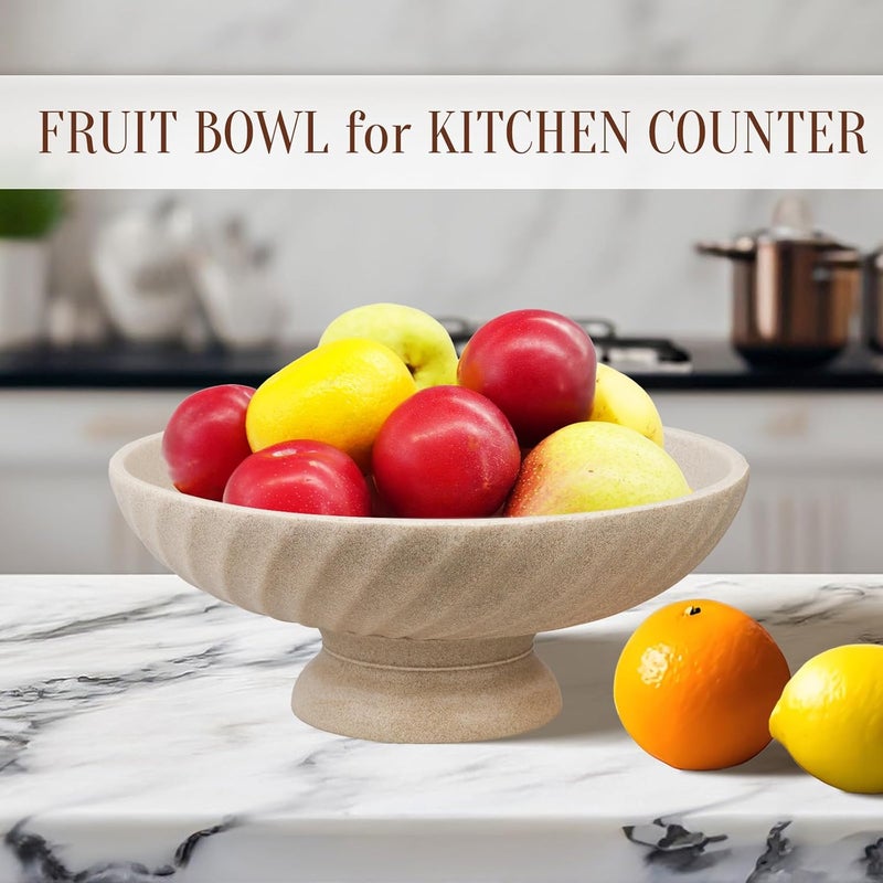 Deobath Large Resin Pedestal Decorative Bowl - Modern Fruit Bowl for Kitchen Counter - Handicraft Bowls for Home Decor - Key Bowl for Entry Table,Artificial Stone Beige - Image 3